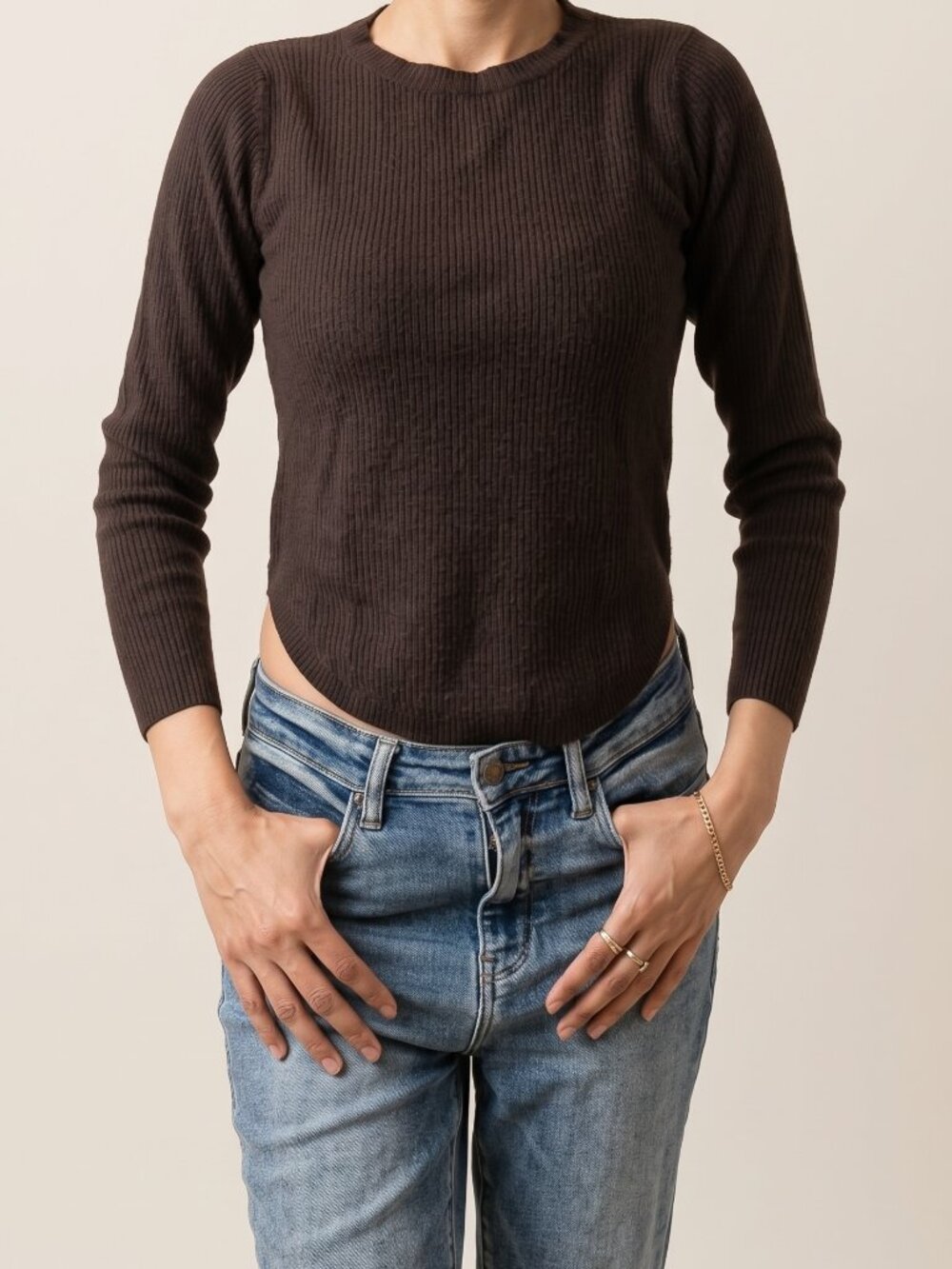 DAZY Dark Brown Ribbed Knit Long Sleeve Crew Neck Sweater Top